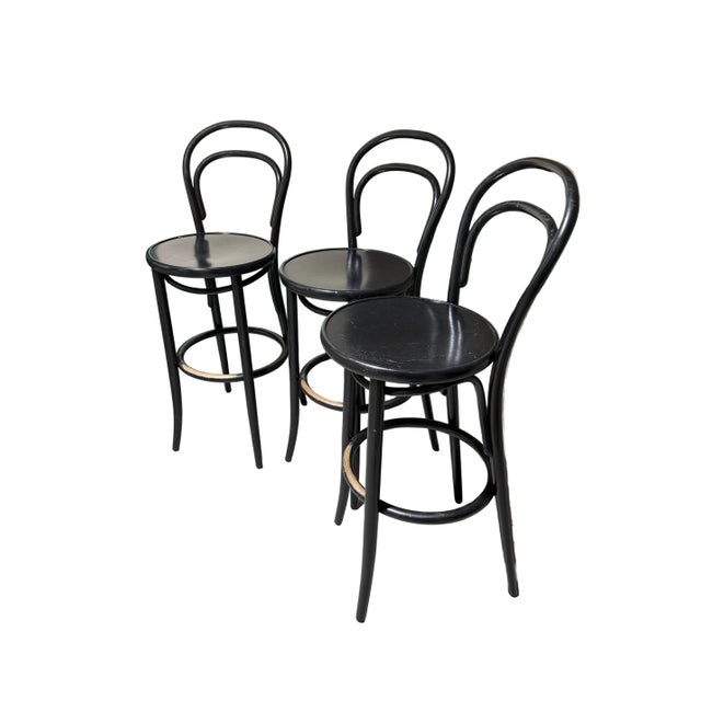 Modern Set of 3 Modern Rendition of Black Bentwood Bar Stools by Ton For Sale - Image 3 of 13