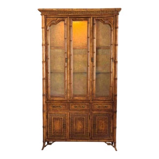 Stanley Faux Bamboo & Rattan Lighted China Display Cabinet For Sale