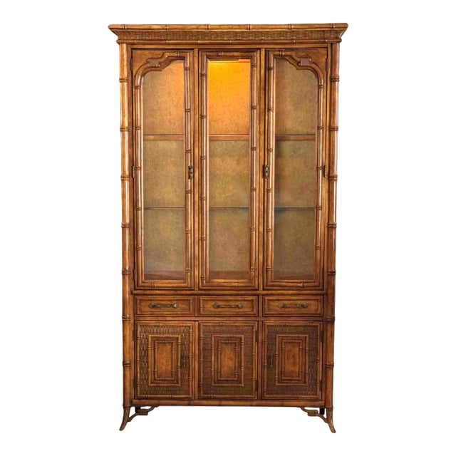 Stanley Faux Bamboo & Rattan Lighted China Display Cabinet For Sale