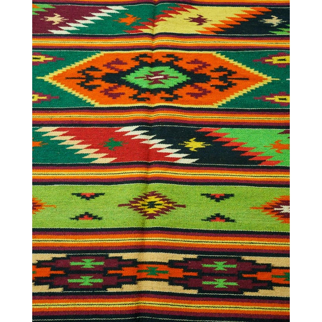 Vintage Romanian Oltenian-Style Handwoven Wool Kilim Rug with Geometric Stripes and Diamond Medallions, 1960s For Sale - Image 9 of 10