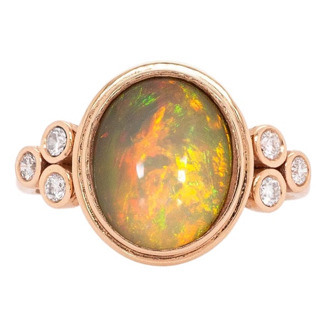2.3cts Opal Ring With Natural Diamonds Accents: Solid 14k Rose Gold, Oval 11x9mm For Sale