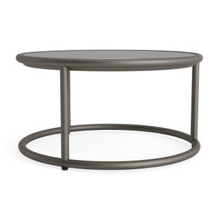 Brown Jordan Walter Lamb Aluminum 20" Round Occasional Table, Glass Top, Mica frame with N/A fabric For Sale