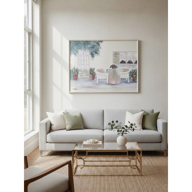 Beautiful vintage large-scale signed painting by Edwards, featuring a serene garden-room / conservatory scene with white...