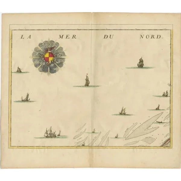 Untitled map of the North Sea, top left a large compass rose, bottom right Dunkirk (Duinkerke / Dunkerque), France. Part...