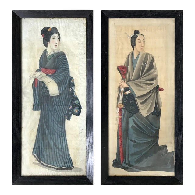 Early 20th Century Japanese Portraits Painted On Silk, Set of 2 For Sale