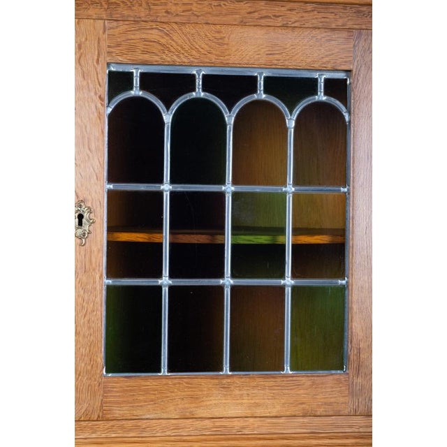 Danish Brutalist Oak Corner Cabinet with Leaded Glass, 1960s For Sale - Image 4 of 9