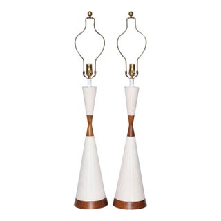 Substantial White Incised Ceramic "Hourglass" Table Lamps, Circa 1950s - A Pair For Sale