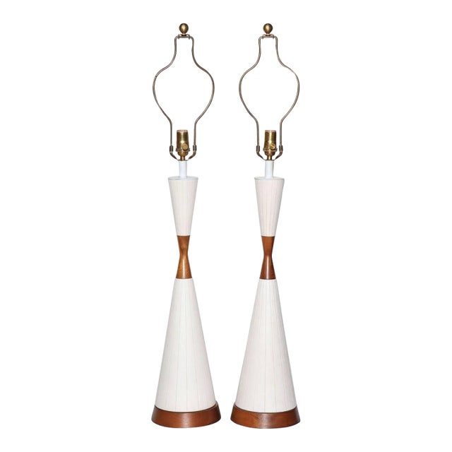 Substantial White Incised Ceramic "Hourglass" Table Lamps, Circa 1950s - A Pair For Sale