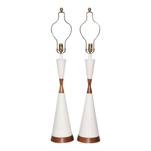 Substantial White Incised Ceramic "Hourglass" Table Lamps, Circa 1950s - A Pair