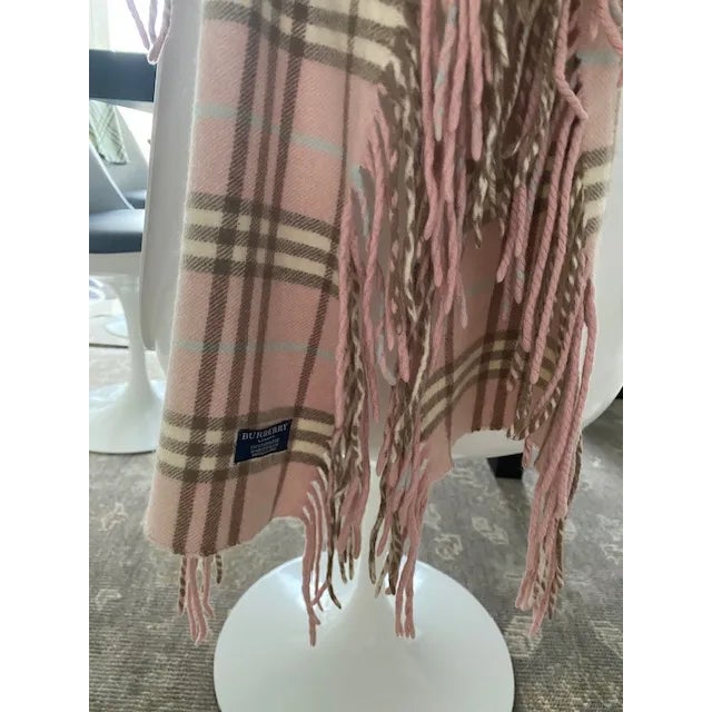 2010s Burberry “Happy” Cashmere Scarf With Full Fringe, Made in England, 100% Cashmere, Baby Pink/Bone/Blue/Taupe For Sale - Image 5 of 11