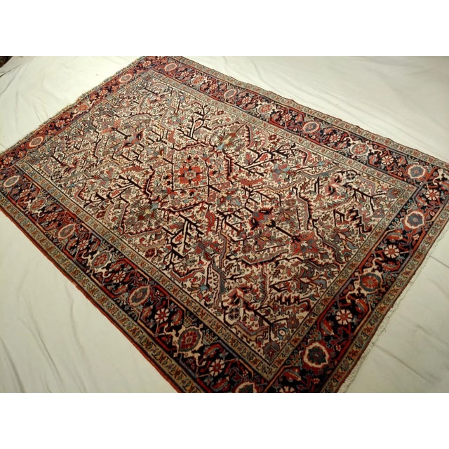 Art Deco Vintage Persian Heriz Rug, Handwoven Allover Geometric Pattern, Ivory & Red, 7’ X 10’ For Sale - Image 3 of 11