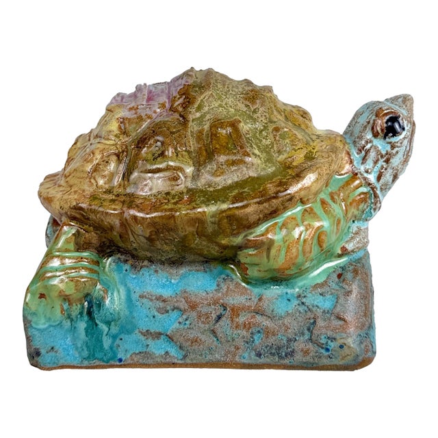 Vintage 1970s Stoneware Drip Glazed Turtle Garden Sculpture For Sale