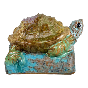 Vintage 1970s Stoneware Drip Glazed Turtle Garden Sculpture