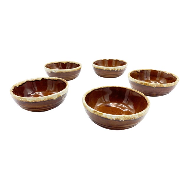 Mid-Century Hand Made Ovenproof Brown Drip Clay Bowls - 5 Pieces For Sale