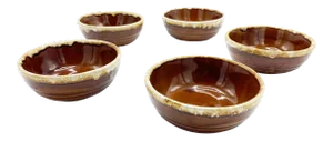 Mid-Century Hand Made Ovenproof Brown Drip Clay Bowls - 5 Pieces