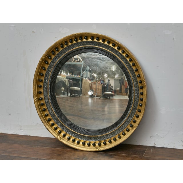 Gold English Giltwood Convex Mirror With Ebonized Bosses, 19th Century For Sale - Image 8 of 14