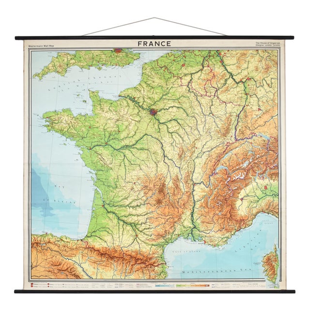 Large Antique French School Map of France by Westermann, 1960s For Sale