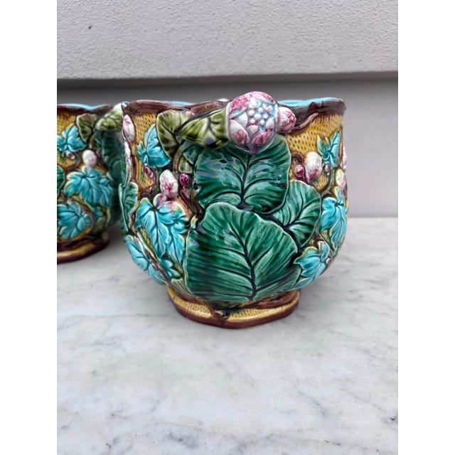 Bottle Green Majolica Flowers & Leaves Cache Pots Luneville Circa 1890-a Pair For Sale - Image 8 of 11