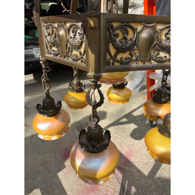 Vintage Heavy Brass Detailed Chandelier With Stained Glass Accents For Sale - Image 12 of 12