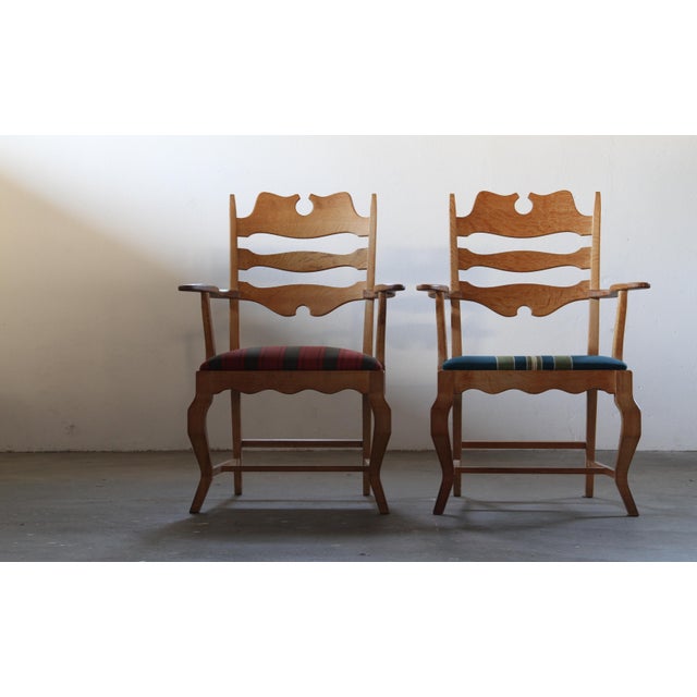 Vintage Brutalist Oak Razorblade Red Striped Armchair attributed to H. Kjærnulf, 1960s For Sale - Image 11 of 18