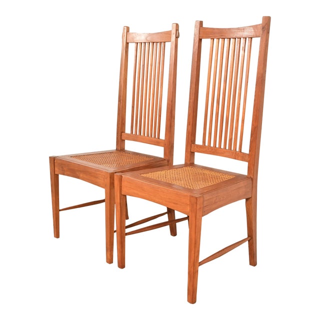 Stickley Style Arts & Crafts Teak and Cane Side Chairs or Dining Chairs, Pair For Sale