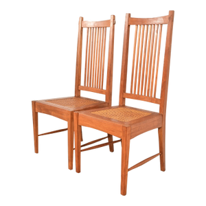Stickley Style Arts & Crafts Teak and Cane Side Chairs or Dining Chairs, Pair