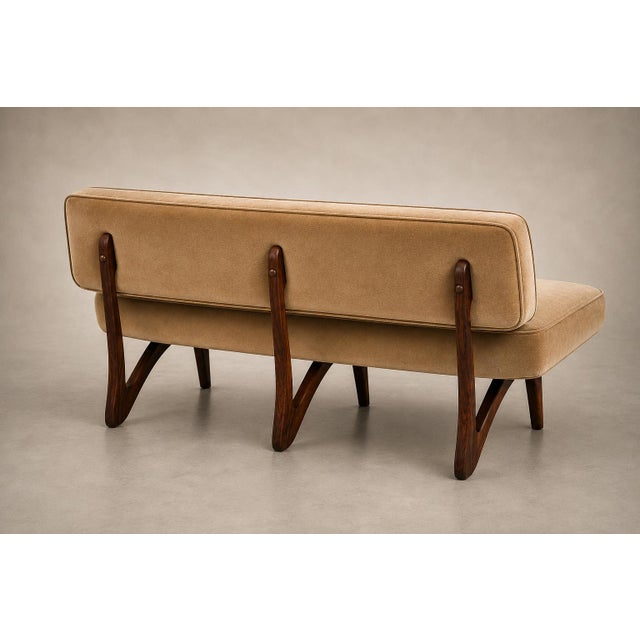 Móveis Cimo Brazilian Modern Sofa in Imbuia Wood and Champagne Camel Mohair, Cimo, Brazil, 1950s For Sale - Image 4 of 18