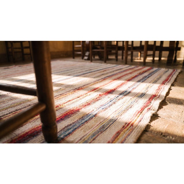 White 1930s Multicolor Stripe Folk Art Antique American Rag Rug 5'5" X 5'5" Flatweave Cotton Carpet For Sale - Image 8 of 9