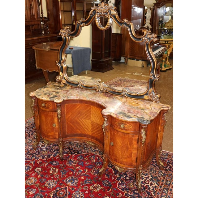 1920s 1920's French Style Marble Top Inlaid Walnut Vanity With Later Companion Mirror For Sale - Image 5 of 15