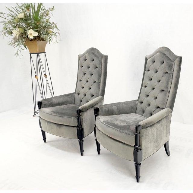 James Mont Pair of Tall Tufted Backs Black Lacquer Frames Decorative Arm Chairs Thrones For Sale - Image 4 of 16