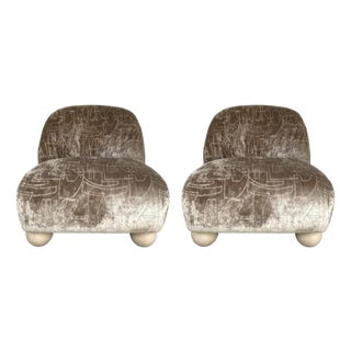 Caracole Mod Brutalist Taupe Velvet Bora Bora Club Chairs Pair For Sale