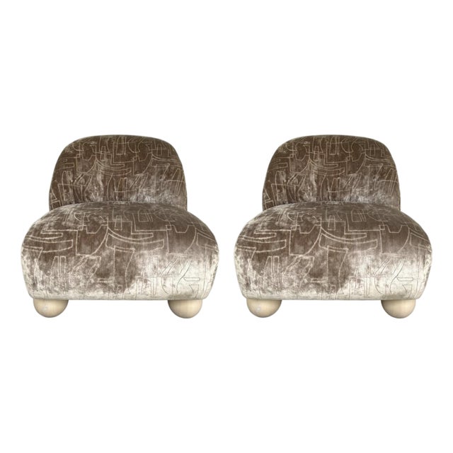 Caracole Mod Brutalist Taupe Velvet Bora Bora Club Chairs Pair For Sale