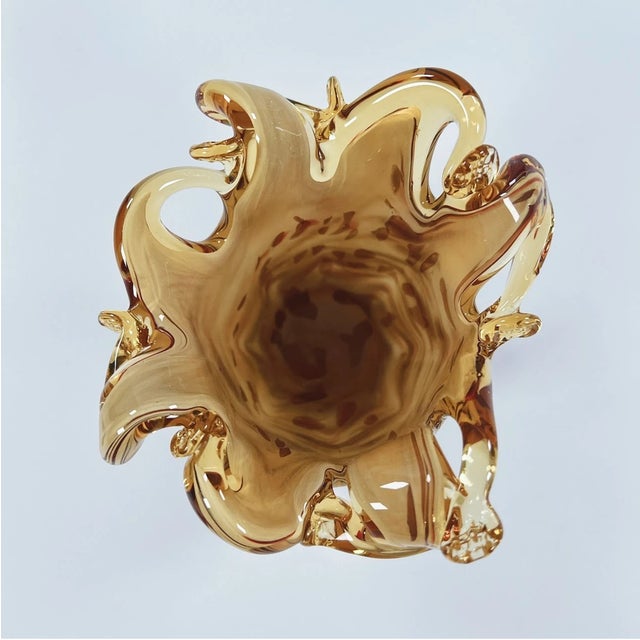 Mid-Century Modern Vintage Murano White Cristal Amber Brown Swirl Art Glass Vase For Sale - Image 3 of 3