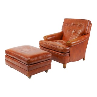 Vintage Mid Century Henredon Leather Club Chair and Ottoman For Sale