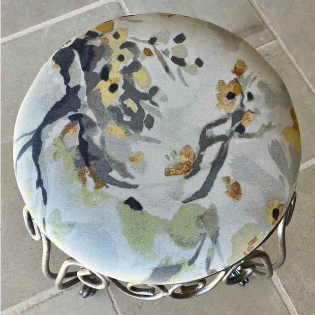 Dove Gray Late 20th-Century Wrought Steel Vanity Stool With Newly Upholstered Seat Cushion For Sale - Image 8 of 11