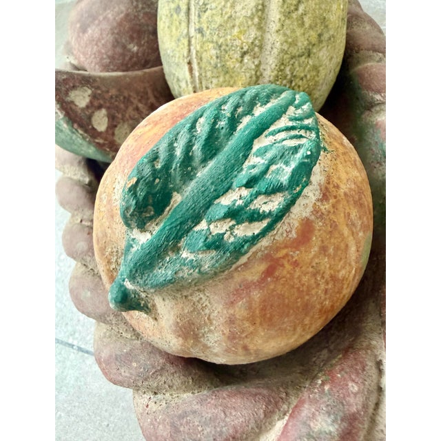 Mexican 1970’s Vintage Monumental Mexican Folk Art Hand-Painted Terracotta Clay Fruit in Braided Oval Bowl, Centerpiece - Set of 6 For Sale - Image 3 of 12