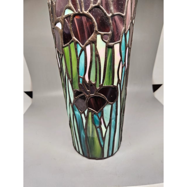 Vintage Stained Glass Pillar Candle Holder 11" | Leaded Glass Iris Candlestick Cover For Sale - Image 4 of 5