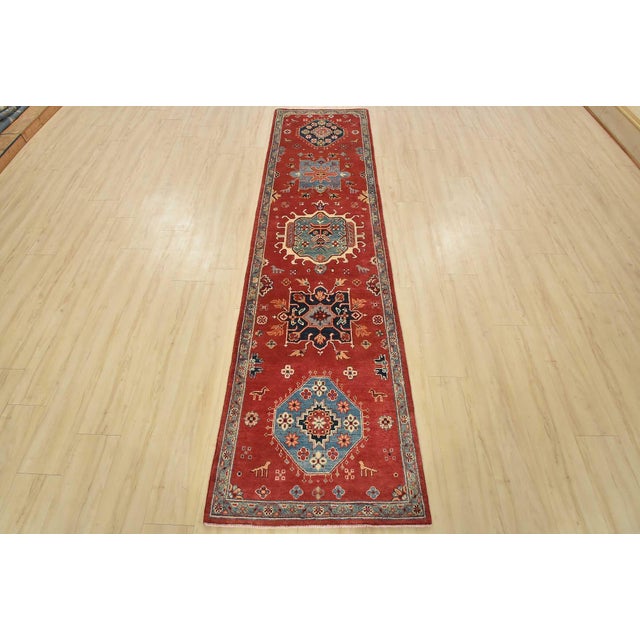 Farmhouse Kazak Runner 2’8” X 9’10” Red Wool Tribal Hand-Knotted Oriental Rug For Sale - Image 3 of 13