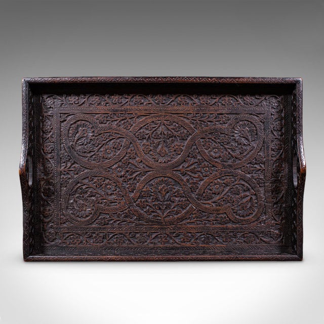 Wood Antique Carved Serving Tray, Anglo-Indian, Afternoon Tea Platter, Late Victorian For Sale - Image 7 of 10
