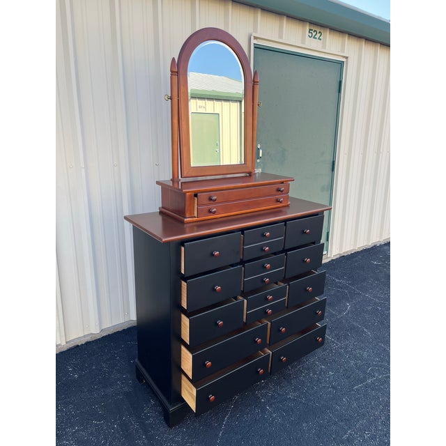 1990s 1990s Stanley Furniture 13-Drawer Black and Cherry Tall Chest of Drawers With Dressing Mirror For Sale - Image 5 of 12