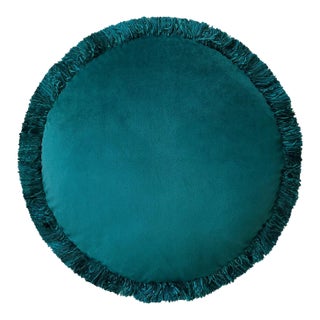 The Macaron, Fringed Velvet Circle Pillow, Agean Green For Sale