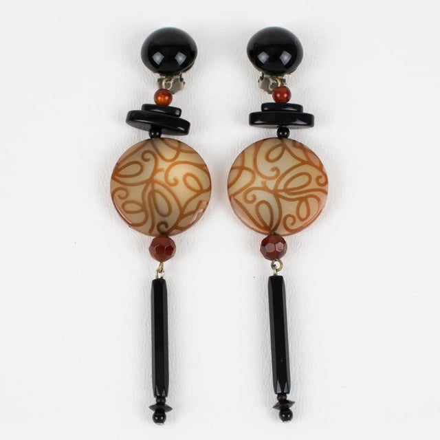 Angela Caputi Angela Caputi Honey and Black Dangle Resin Earrings Arabesque Design For Sale - Image 4 of 6