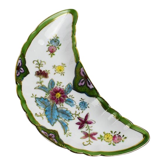 Green and White Crecent Shape Ceramic Dish For Sale