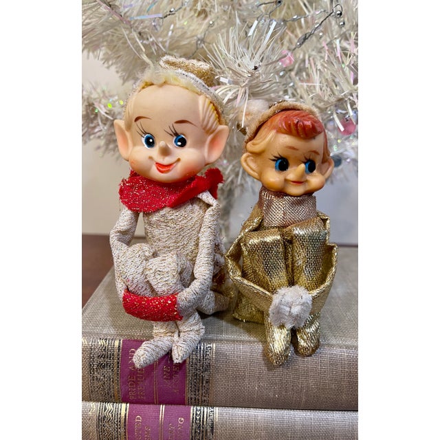 A pair of vintage holiday "Knee Hugger" pixies/elves/gnomes. Likely made in Japan, mid century, based on image searches...