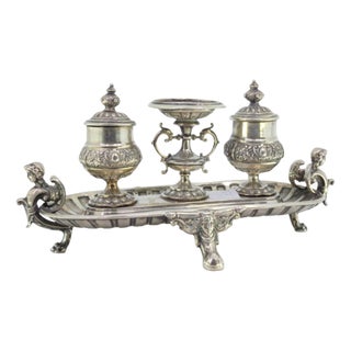 Silver Inkwell with Mask Applications and Claw-Shaped Feet For Sale