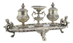 Silver Inkwell with Mask Applications and Claw-Shaped Feet