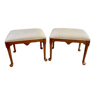 Pair of 1980s Drexel Heritage Queen Anne Style Upholstered Ottoman Stools For Sale