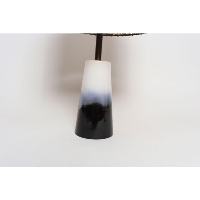 Vintage Atomic Aladdin Matte Blue and White Glazed Ceramic Table Lamp With Shade For Sale - Image 11 of 18