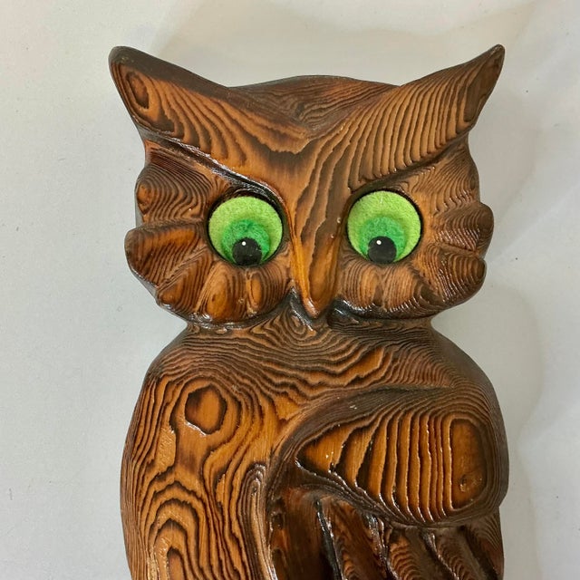 Wood Mid-Century Boho Chic Arts & Crafts Folk Art Hand Carved Wood Owl on Branch Sculptural Wall Object For Sale - Image 7 of 18