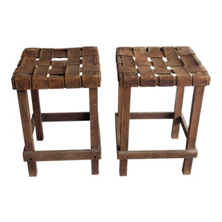 Antique Early California Rustic Leather & Oak Stools - A Pair For Sale
